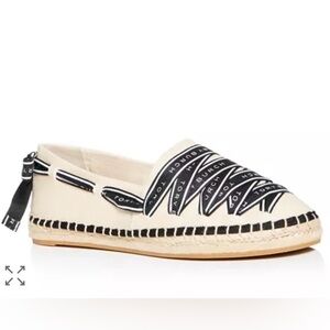 Tory Burch Cream and Black Logo Ribbon Espadrille